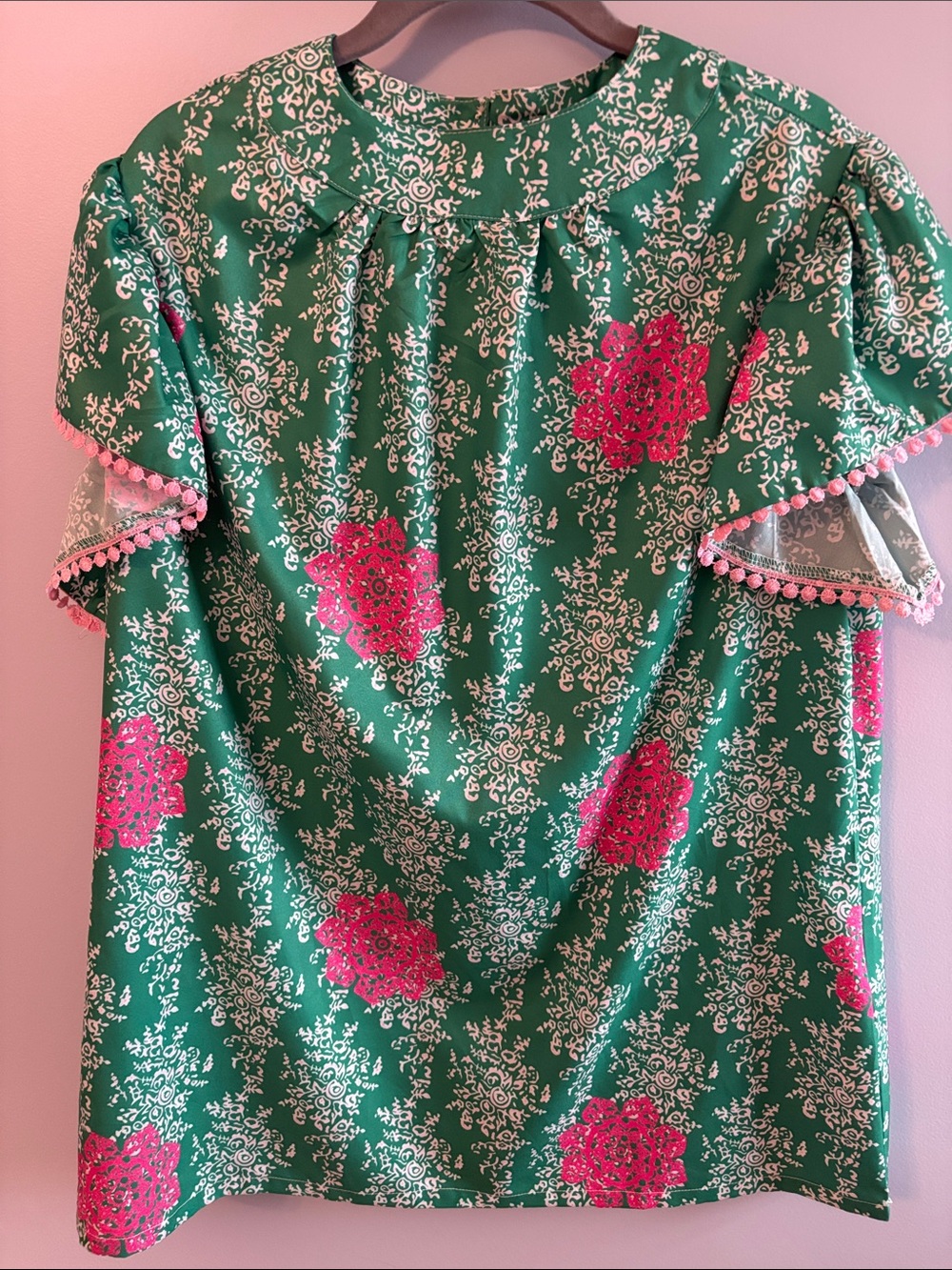 Bright green and pink print blouse